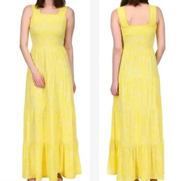 Michael Kors Sleeveless Floral Tiered Maxi Sundress Stretch Size S Yellow White - Picture 2 of 16